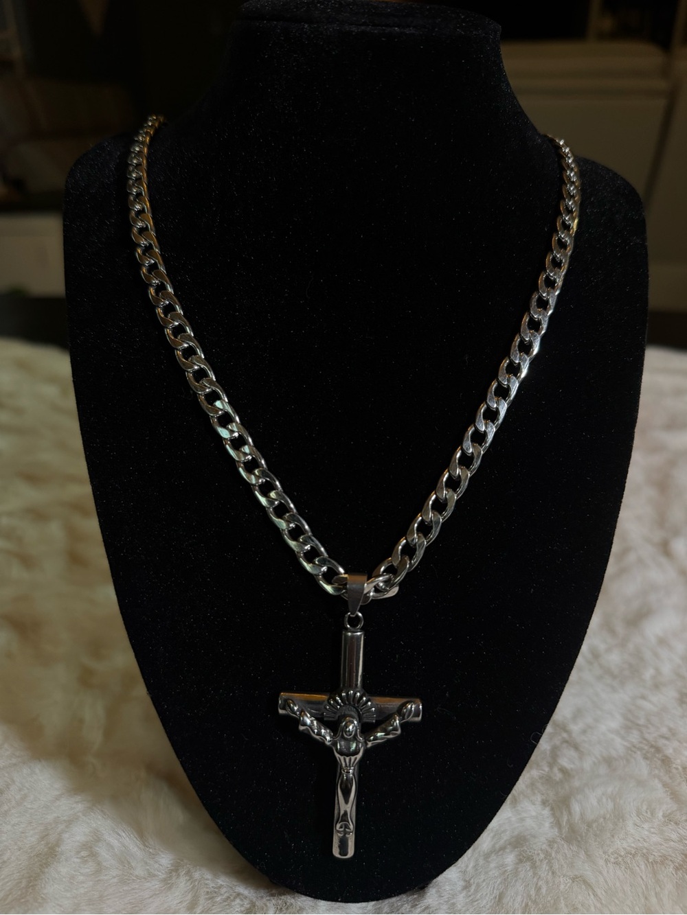 Silver-Tone Men's Cuban Link Cross Pendant Necklace stainless steel